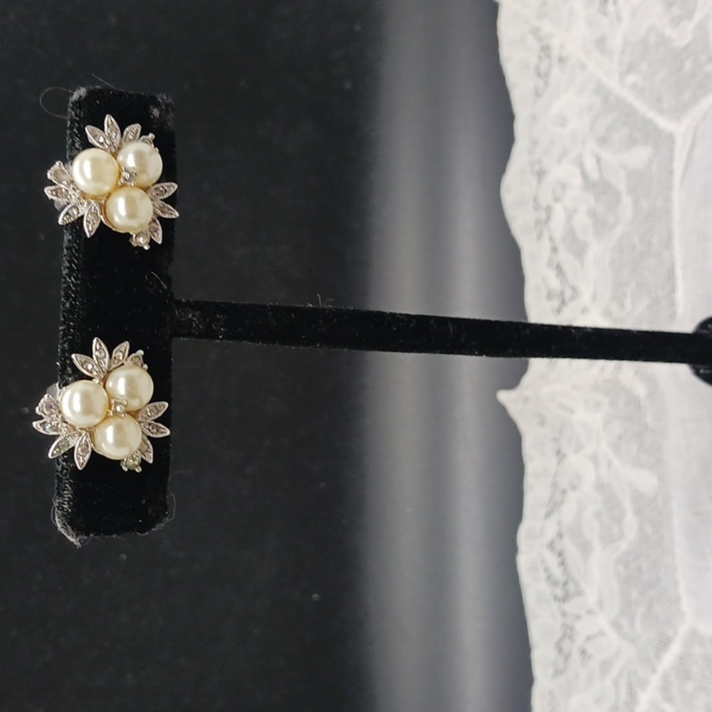 Napier Silver-tone Clip Rhinestone & Faux Pearl (3) Earrings Leaf Design (1 ")
